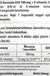 JutaVit Coenzyme Q10 100 mg and Vitamin E capsule nutritional information label details.